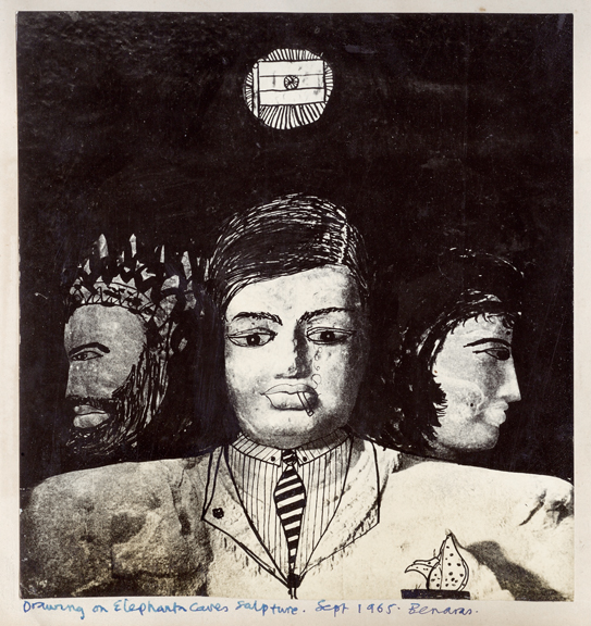 Elephanta, 1965, Unique pen drawing on photograph on printed page, Pigment Prints onto Hahnemuhle Museum Etching, 9 x 9.5" Elephanta, 1965, Unique pen drawing on photograph on printed page, Pigment Prints onto Hahnemuhle Museum Etching, 9 x 9.5"