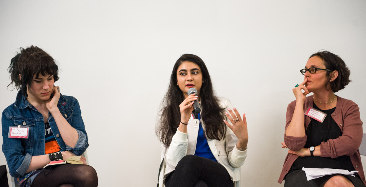 TtW15 keynote panel on mental health and the Web (left to right: Merritt Kopas, Ayesha Siddiqi, and Gabriella Coleman). Photo: Aaron Thompson