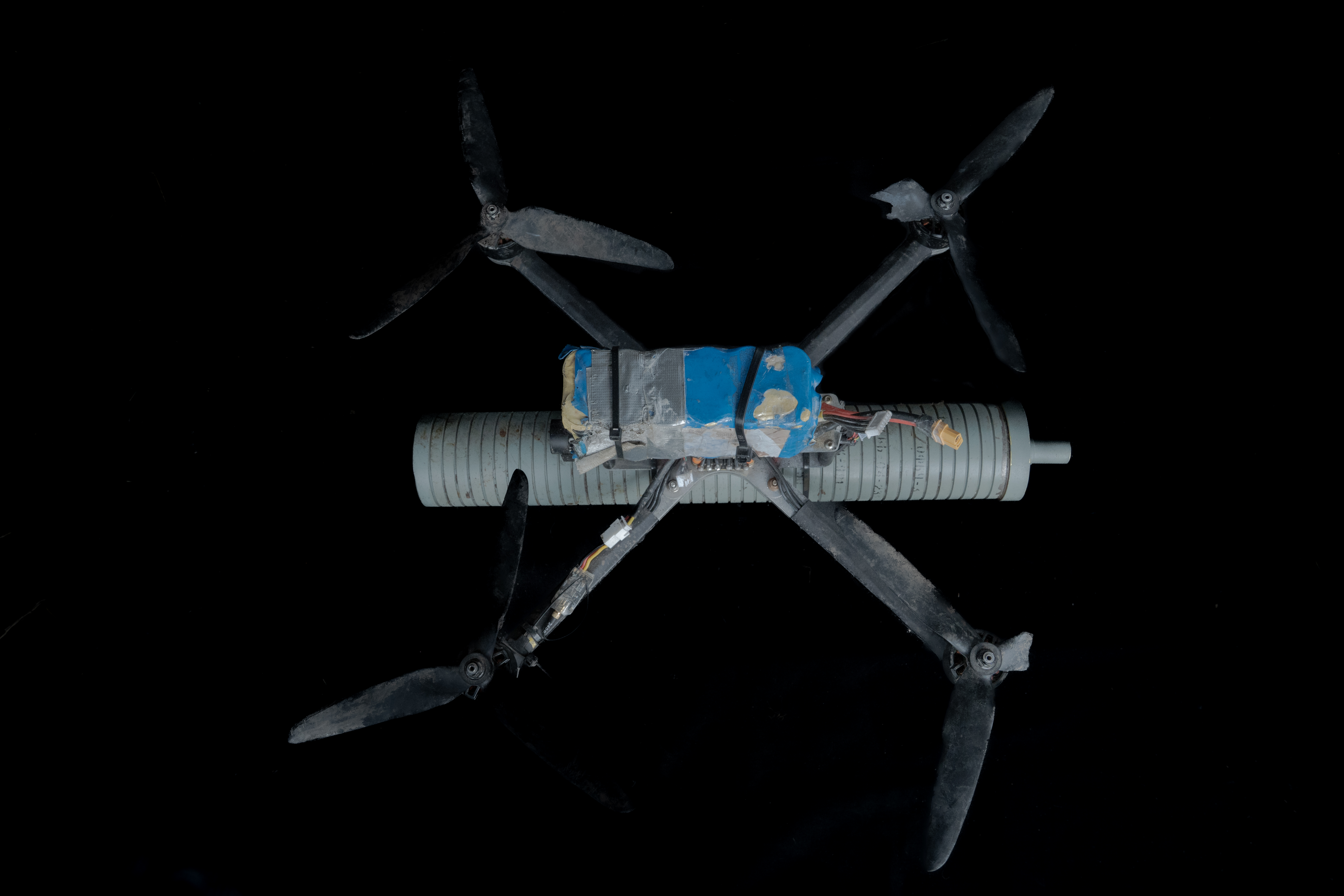 An improvised drone used to deploy explosive devices found in the Kharkiv region, where such drones have become a common source of landmine contamination in recent years. August 3, 2025