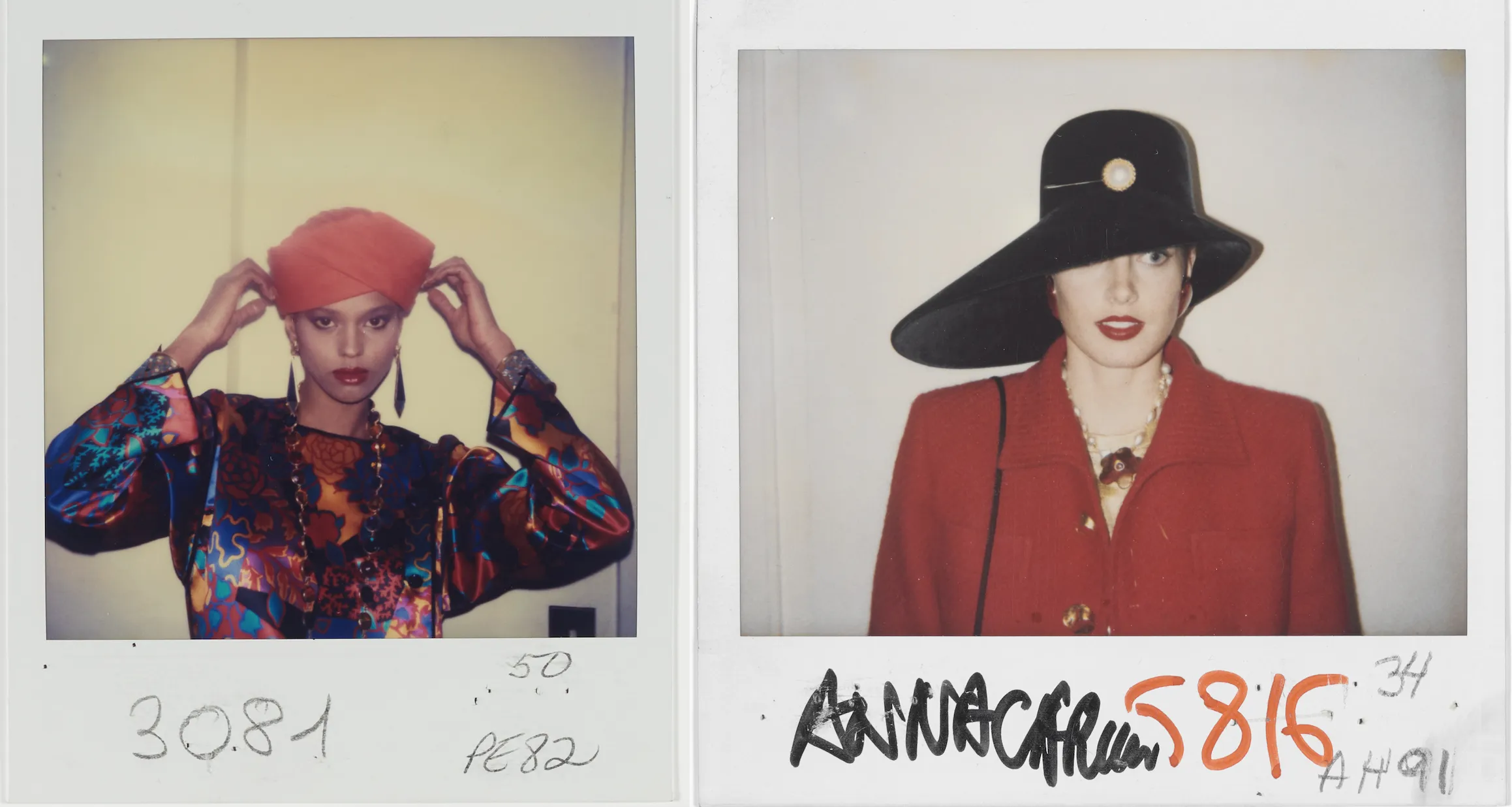Ensemble worn by Edia Vairelli, Haute Couture Spring/Summer 1982 collection, 5 Avenue Marceau, Paris, January 1982. Polaroid by fashion house staff © All rights reserved © Yves Saint Laurent; Tailored suit worn by Anna Karin, Haute Couture Autumn/Winter 1991 collection, 5 Avenue Marceau, Paris, July 1991. Polaroid by fashion house staff © All rights reserved © Yves Saint Laurent