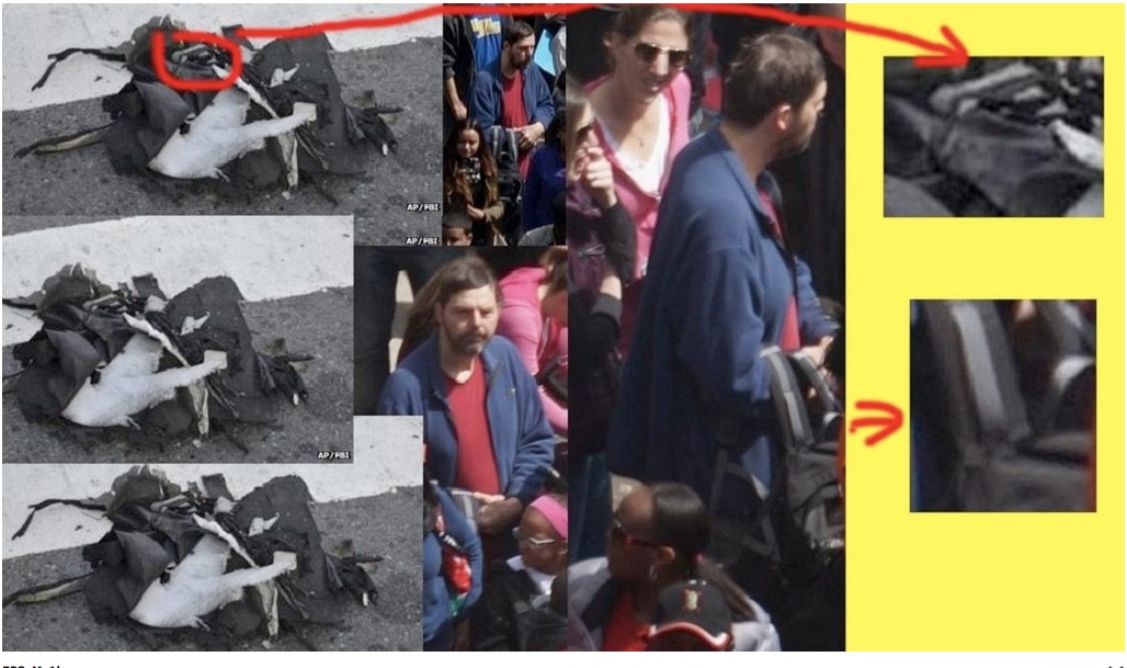 A collage of several different images, showing a man moving through a crowd holding a black backpack, and a black pack after the explosion. A collage of several different images, showing a man moving through a crowd holding a black backpack, and a black pack after the explosion.