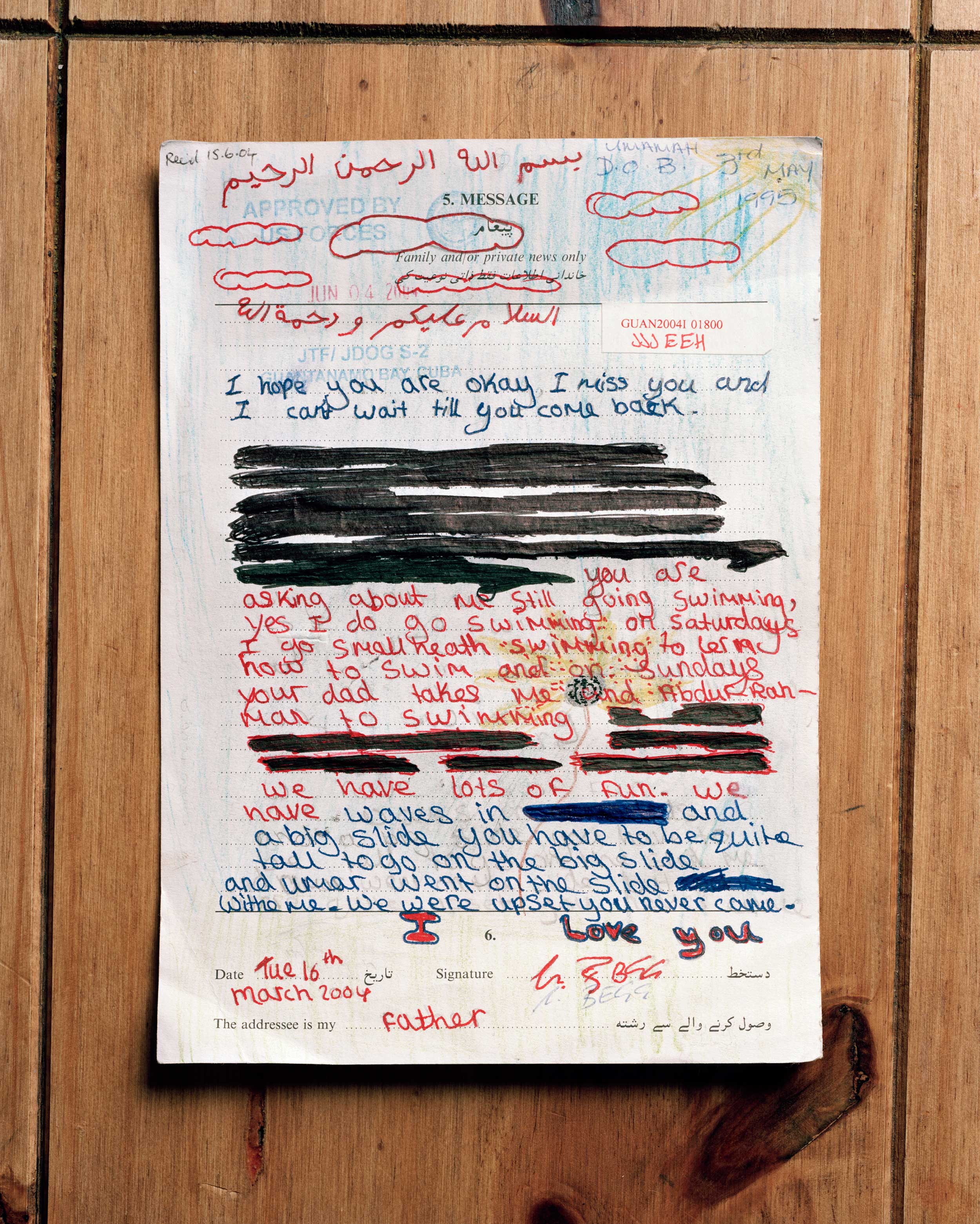 Edmund Clark, Original. Hand-censored letter to a detainee from his daughter, from Guantanamo: If the Light Goes Out, 2010 Edmund Clark, Original. Hand-censored letter to a detainee from his daughter, from Guantanamo: If the Light Goes Out, 2010