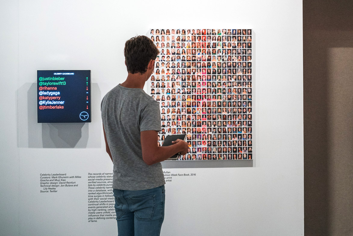 Installation view of Celebrity Leaderboard (left), a real-time curation piece produced by Mark Ghuneim with Elizabeth Kilroy. Image by Saul Metnick