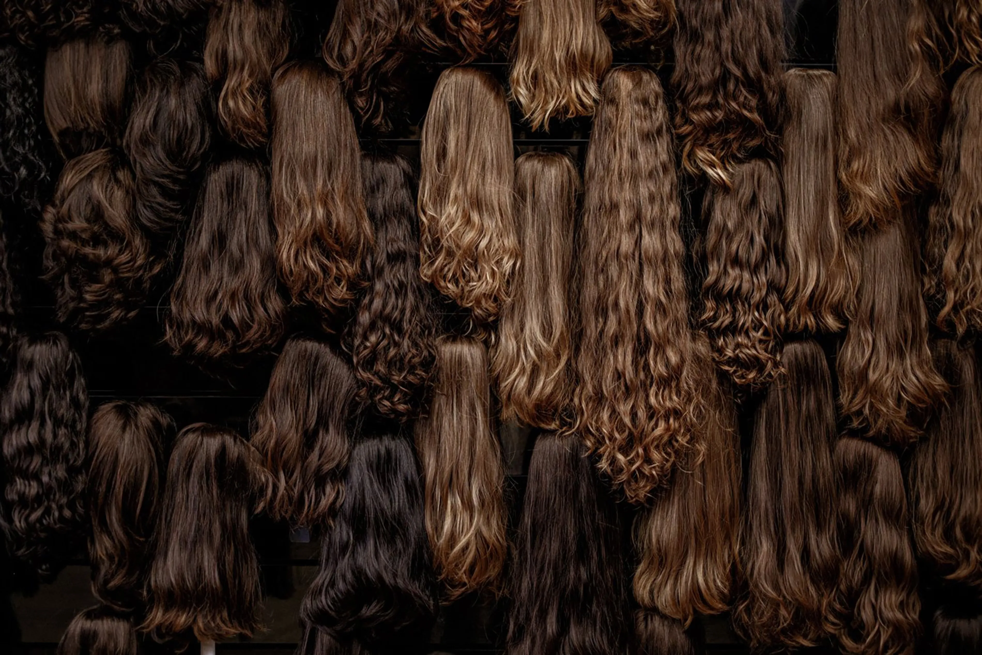 2024, Crown Heights, New York. The Chabad Orthodox Jewish community. Wigs on display at Zlata’s wig salon.