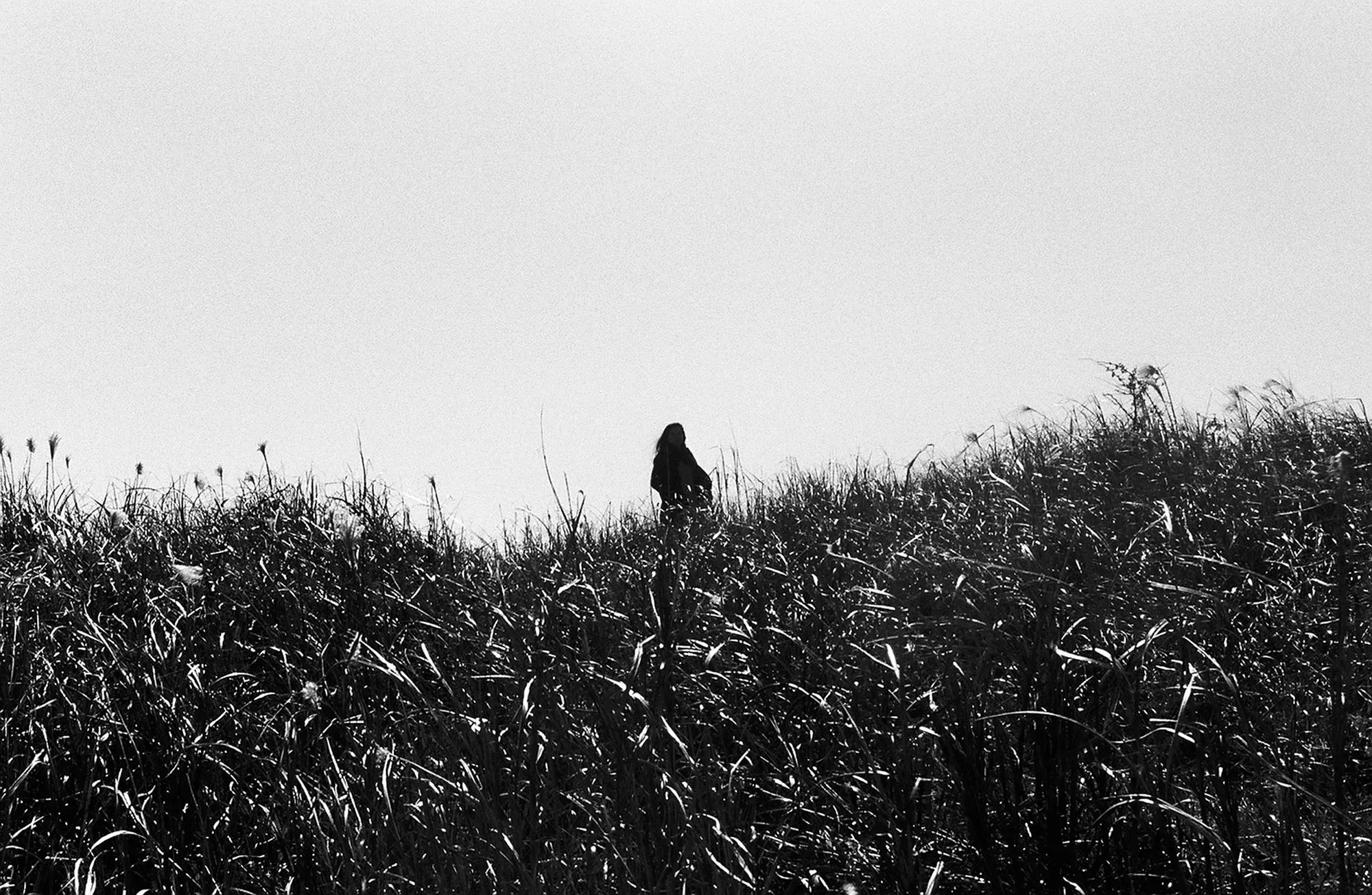 A woman in a black robe in an overgrown field. 