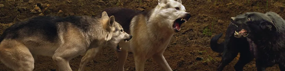 Three dogs viciously barking at each other.