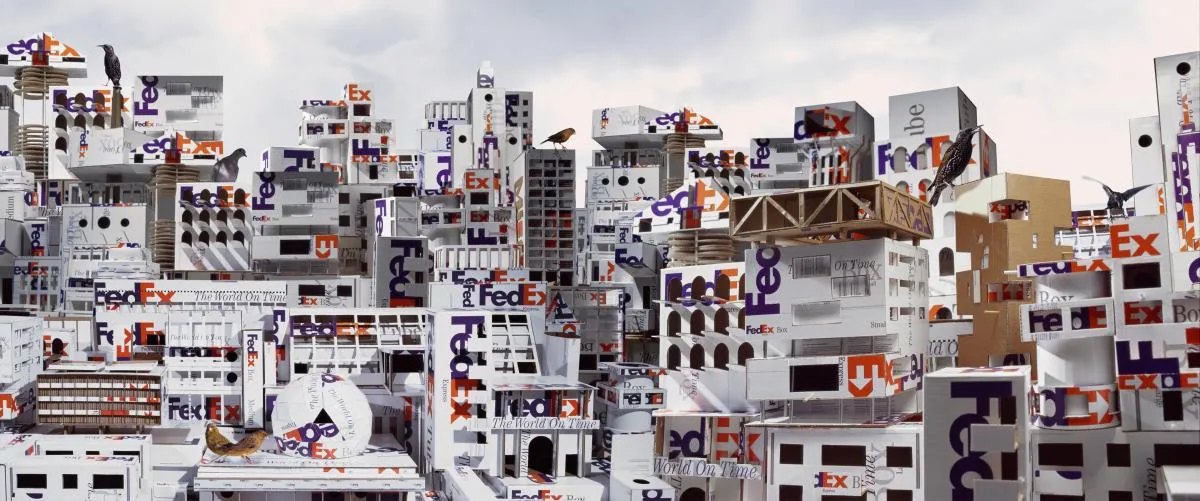 FedEx boxes used as buildings.