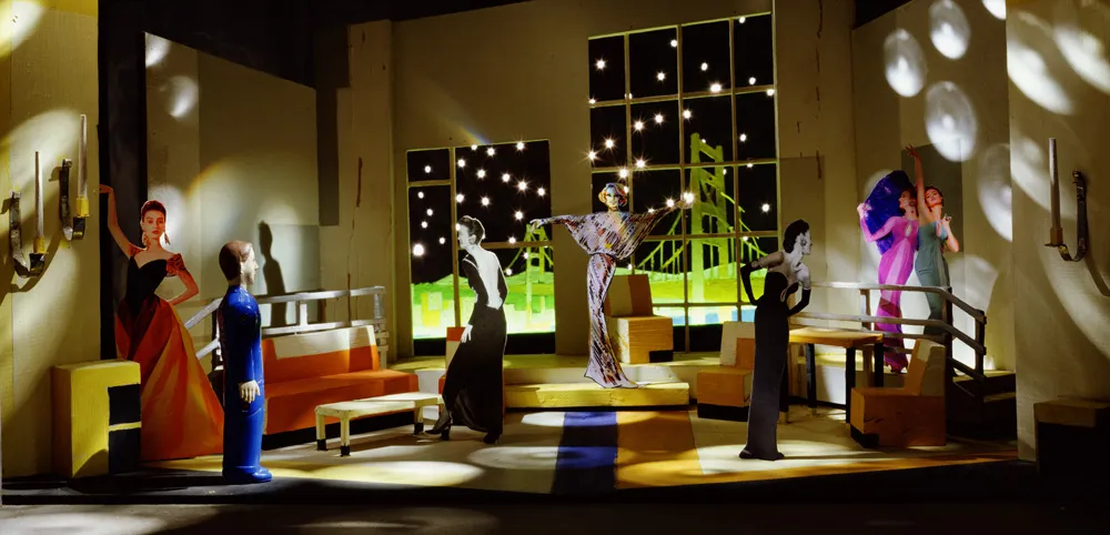A diorama of outfits from the 70s. 