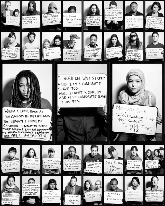 A series of profiles of people with signs declaring their demands for wage equality.