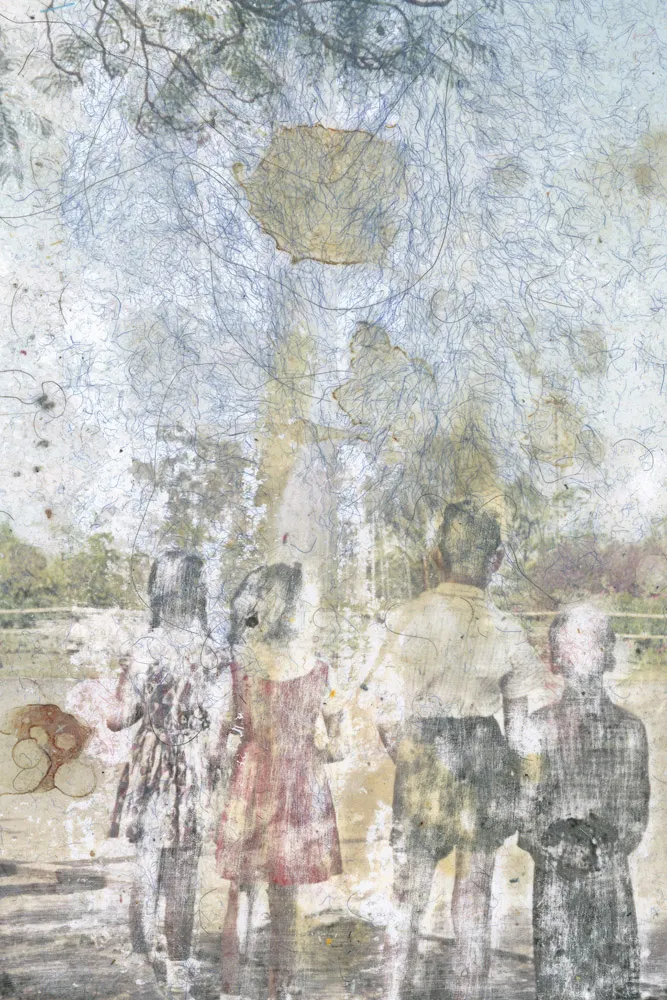 A partially destroyed snapshot of children in the middle of a field looking up. 