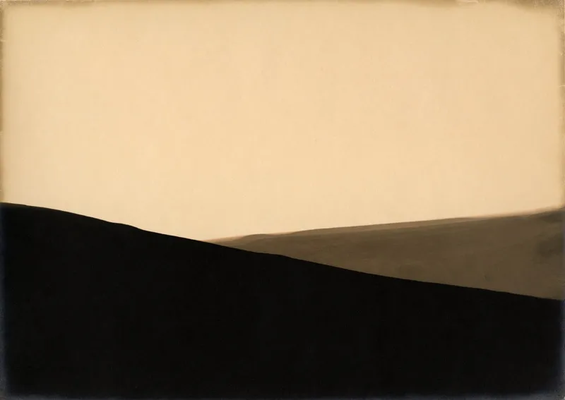 An abstract shade of black and another shade of grey overlapping, the background is a faded yellow.