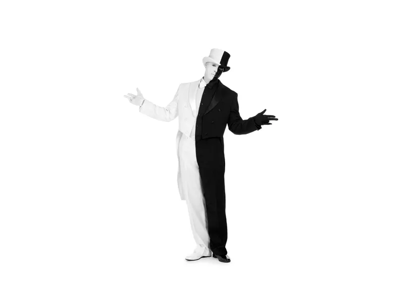 A man painted half black and half white.