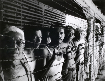 A group of people behind barbed wire.