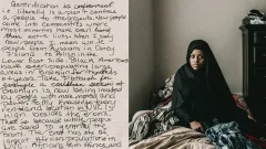 A letter and a picture a woman in bed.