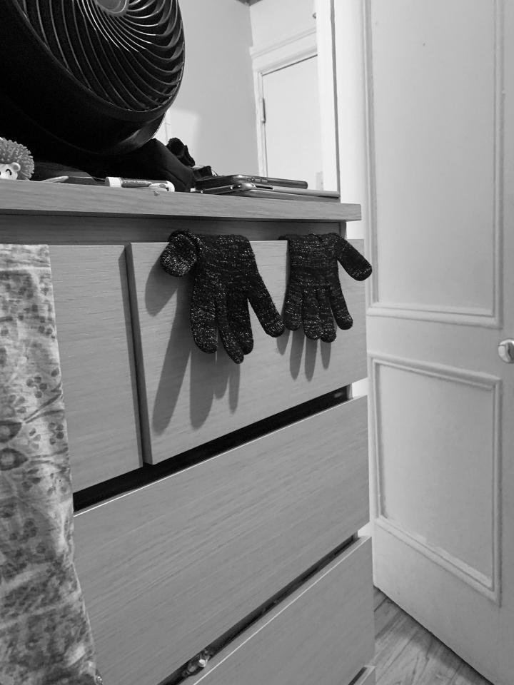 Two black and silver gloves dangling from a wardrobe cabinet.  