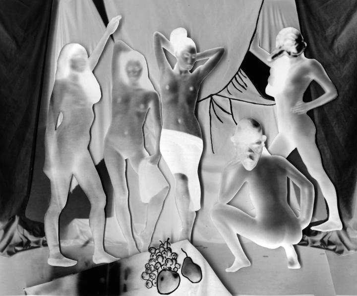 Abstract negatives of naked women, half of them with masquerade masks. 