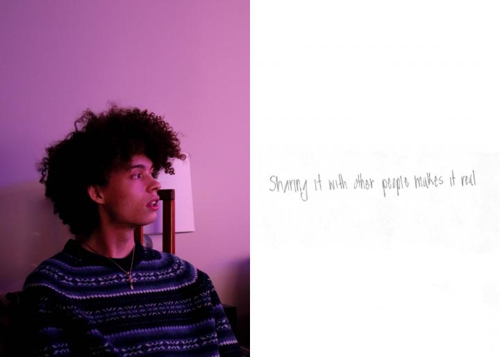 A side profile of young person, the text besides them saying "Sharing it with other people makes it real". 