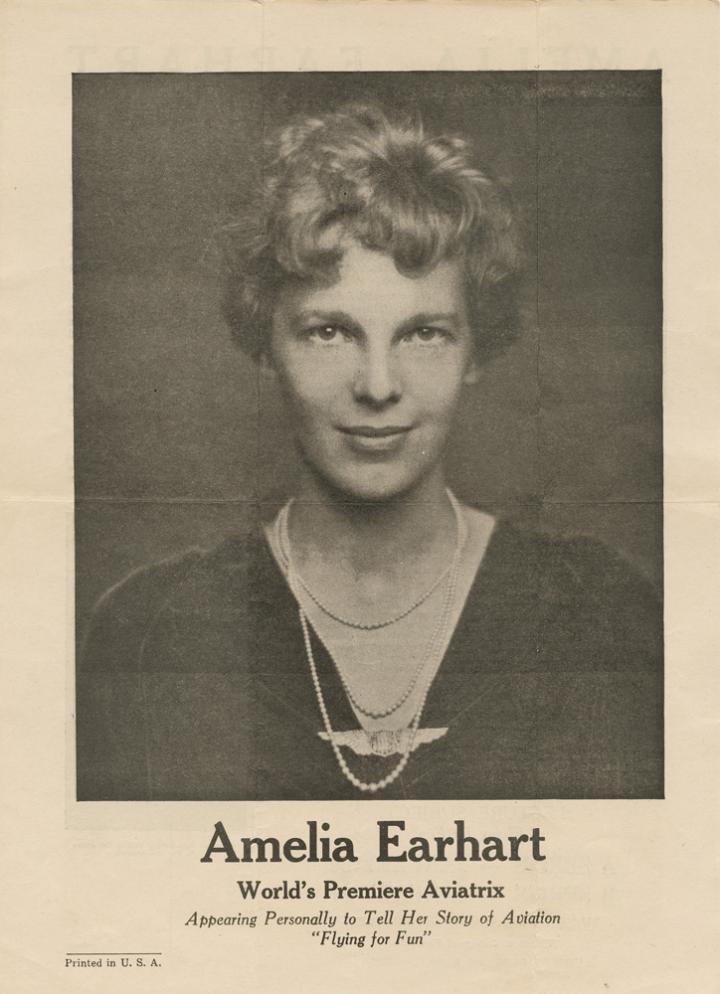 An advertisement for an Amelia Earhart speaking event. 