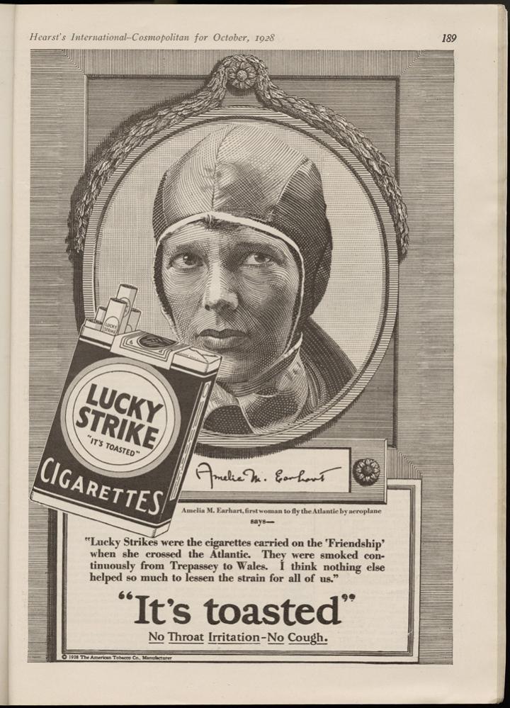 A magazine advertisement for Lucky Strike cigarettes featuring Amelia Earhart. 