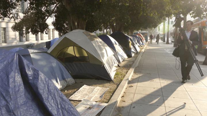 A row of tents set up during the Occupy Wall Street protests.