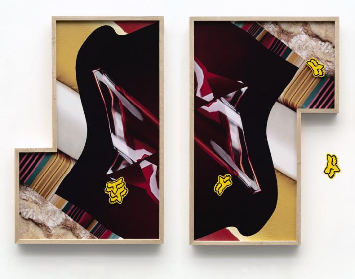 Two framed avante garde paintings mirroring one another, featuring stripes of yellow and white overlayed with a black and dark red blob. 