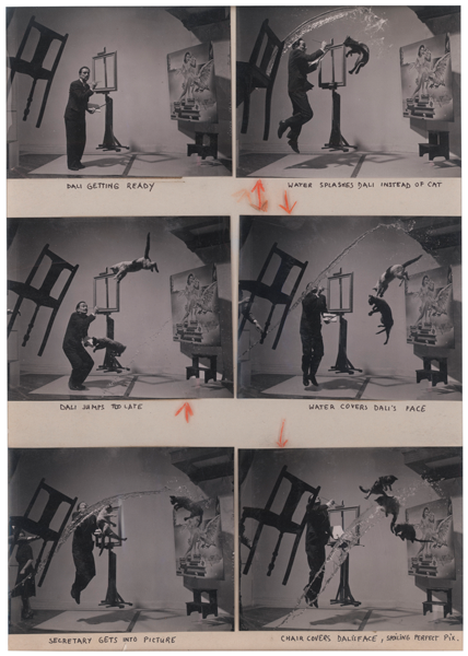A series of six frames from an surrealist scene staring Dali. 