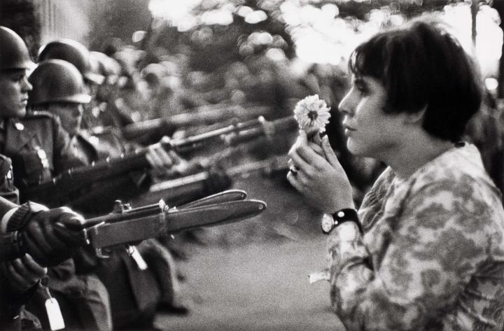 Jan Rose Kasmir confronts the American National Guard outside the Pentagon during the 1967 anti-Vietnam march