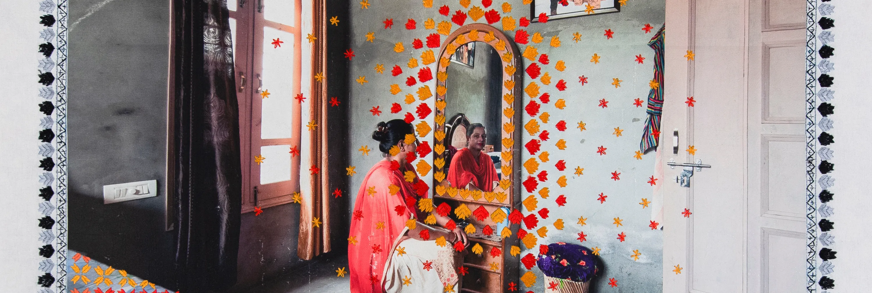 “Parween Devi III,” unique photographic transfer print on khaddar fabric with phulkari silk thread embroidery, 40.25 x 53.5 inches, 2023. Courtesy the artist © Spandita Malik 2023