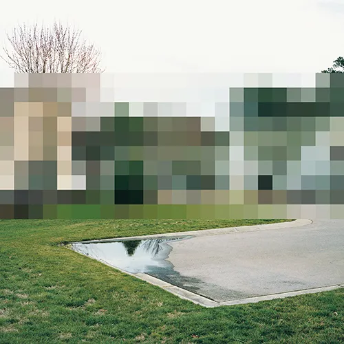 A picture of the suburbs with a pixelated house.