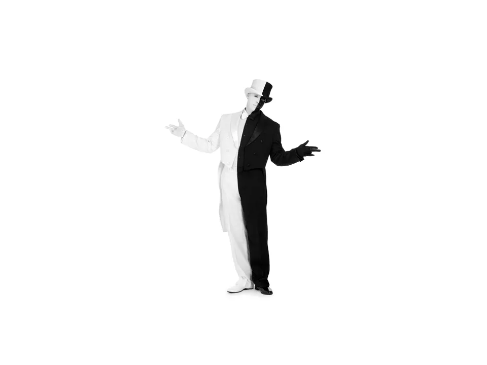 A man painted half black and half white.