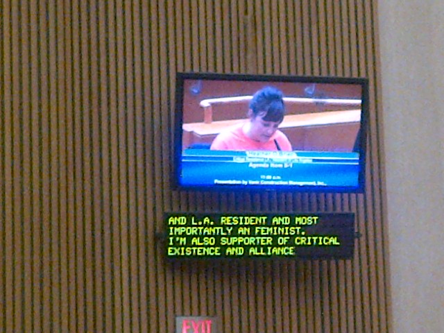 Heather M. O'Brien speaking as a member of Critical Resistance against a new women's jail, Board of Supervisors meeting in Los Angeles, 2012. Photo by Linette Park.